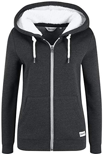 OXMO Binja Damen Lange Sweatjacke Kapuzenjacke Hoodie mit Teddyfell-Kapuze, Größe:L, Farbe:Dark Grey Melange (1940071)