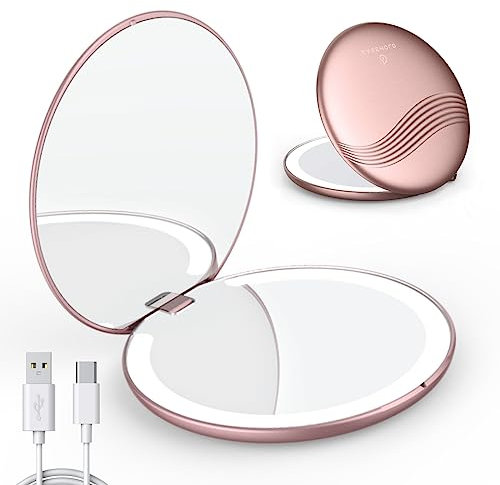 EASEHOLD Folding Makeup Mirror Rechargeable LED Lighted Travel Dimmable 1X/3X Magnifying LED Illuminated Portable Vanity Compact Mirror (Rose Gold)