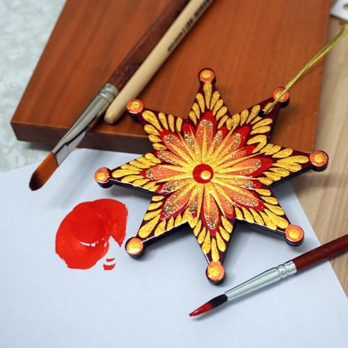 Weihnachtsstern-Anhänger in Rot und Gold aus Holz, Hand bemalt mit Ukrainischer Petrzkiwka-Malerei, 9 х 9 х 0,5 см Exklusiver Stern Weihnachtsschmuck aus Holz