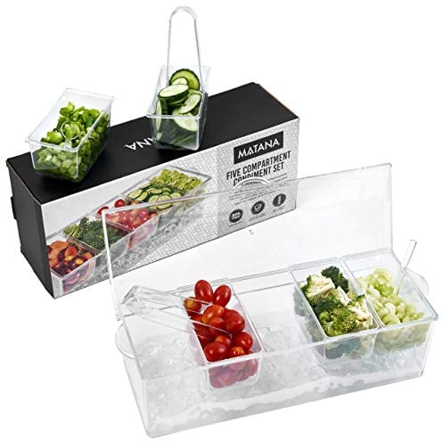 MATANA Chilled Condiment Server - Garnish Caddy Tray with Ice Chamber, 5 Compartments, 3 Tongs, 3 Spoons - Condiments Serving Container for Bars, Parties, & Gatherings