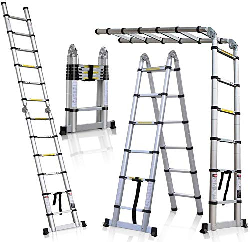 COOCHEER Teleskopleiter 5M Multifunktionsleiter verwendbar als Anlege- und Schiebeleiter, beidseitige Steh- und Treppenleiter, max. Belastbarkeit 150kg