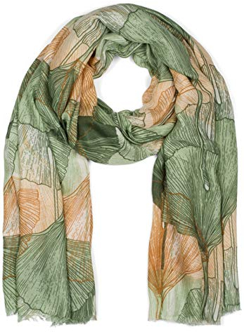 styleBREAKER Damen Schal mit farbigem Ginkgo Leaves Blätter Muster Print und kurzen Fransen, leichtes Tuch, Stola 01016208, Farbe:Grün-Braun