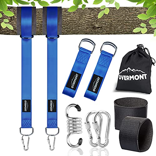 OVERMONT 1 Paar Schaukel Befestigung Hängematte Befestigung Schaukel Aufhängung Gurt Kit mit 2 D-Haken Karabiner und 2 Baumschutz Polyester Max 550KG Blau
