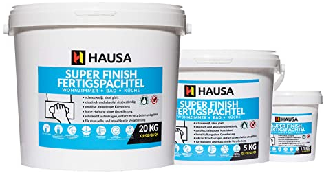 Super Finish Spachtelmasse Fertigspachtel für Innen Feinspachtel Trockenbau Spachtel Gipsspachtel Feinputz Fertigspachtelmasse Spachtelgips Flächenspachtel Q1-Q4 Masse Gips Füll weiß 20kg HAUSA