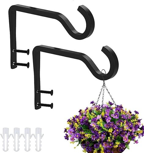 DSLIHA 2 Pack Wall Hanging Basket Bracket, Metal Garden Brackets Wall Plant Hook Basket Holder for Garden Lawn Light Flower Pots Bird Feeders Plants Lanterns Wind Chimes (Black)