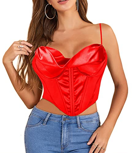 Bslingerie® Womens Satin Ruffled Party Wear Outfit Crop Top Bustier Shapewear (M, Red)
