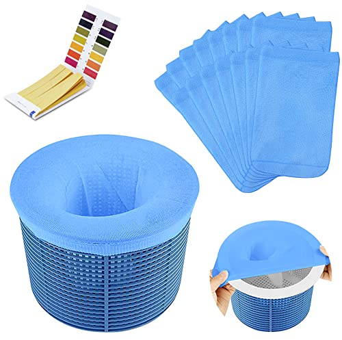 flintronic 15PCS Calcetines Skimmer Piscina, Filtros de Skimmer, Calcetines Reutilizables de Malla de Nailon para Filtro de Piscina, con Papel de Prueba de PH, para Capturar Hojas,Cabello,Basura-Azul