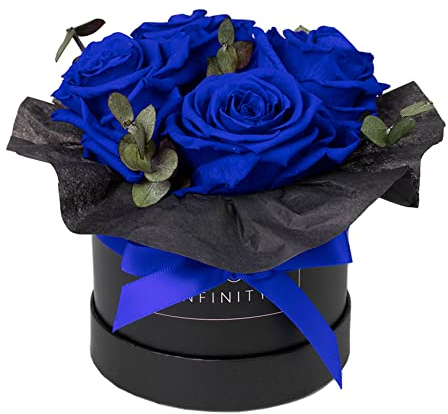 Infinity Flowerbox - Eucalyptus Bouquet Blau - Konservierte Rose in Geschenkbox, blüht 3 Jahre ohne Wasser, Small