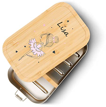 GRAVURZEILE Brotdose aus Weißblech mit bedrucktem Bambusholzdeckel - Lunchbox mit Ballerina Motiv - Personalisiert mit Name - Geschenk für Kinder zum Schulanfang - Größe: Klein