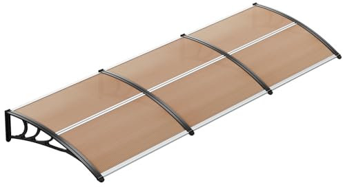 LIFERUN Pensilina Tettoia per Porta Balcone Esterno, 270 x 98.5 cm, Tetto Policarbonato Alveolare Trasparente, Protezione solare e dalla pioggia,Marrone scuro
