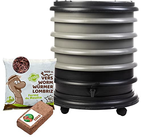 WORMbox | Lombricomposteur 4 Plateaux Gris + 500gr de vers de Compost + 1 Bloc Coco | 64 litres | Compostez Vos déchets organiques, Les vers de Terre/lombrics produisent du lombricompost