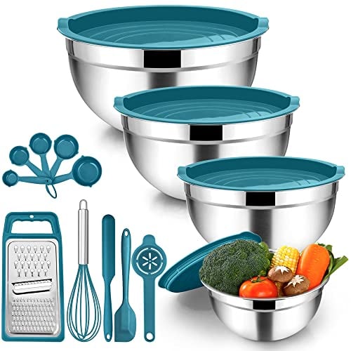 Homikit Edelstahl Schüssel, 4 Stück Rührschüssel Salatschüssel Set mit 10 Stück Vielseitigkeit Zubehör, Schüssel mit Deckel für Küche, 4,5L / 2,7L / 2,5L / 1,2L, Stapelbar & Spülmaschinenfest, Blau