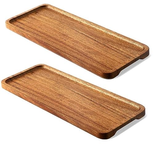 Acacia Wood Serving Platter for Food Rectangular Wooden Platters with Raised Edge Set of 2 for Display Fruit Snacks Appetizer Sushi Food Decorative