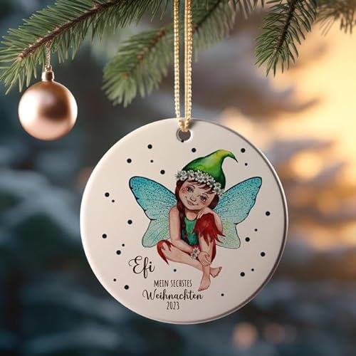 Weihnachtskugel Weihnachtsschmuck Keramik Baumanhänger Mein sechstes Weihnachten personalisiert Namen Wunschname Elfe Fee mit grüner Mütze Tiere Baumkugel wkp44 ilka parey wandtattoo-welt