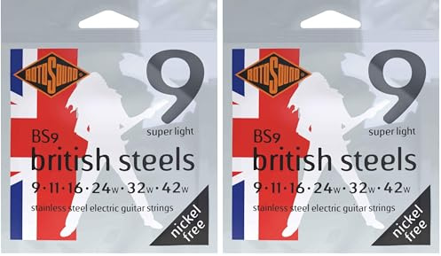 Rotosound BS9 Stainless Steel Super Light Gauge Electric Guitar Strings (9 11 16 24 32 42), White Black Red Blue (Pack of 2)