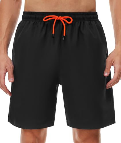 SIHOHAN Short de bain pour homme - Séchage rapide - Respirant - Imperméable - Avec doublure en maille et cordon de serrage réglable, Noir , L