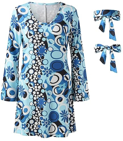 Generisch Hippie Kost m Damen Kleid mit Haarband 70er Jahre Bekleidung Flower Power Kleidung Outfit