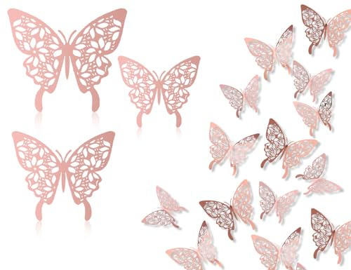 Lhbwhiz 24 Stück 3D Schmetterling Wandaufkleber, 3 Größen Abnehmbare Schmetterlinge Dekoration Wandtattoo für Raumdekoration,Party Dekoration(Roségold)