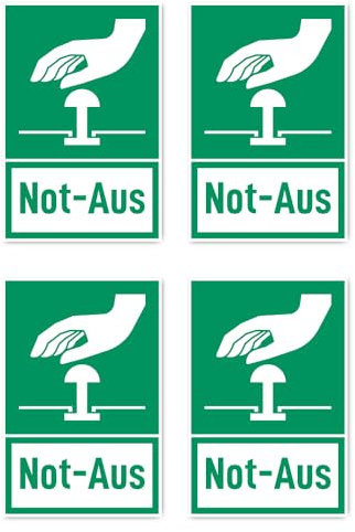 Aufkleber: 150x100 mm, 4 Stück - Not-Aus - Rettungszeichen mit Text (deutsch) (grün/weiß) - hochkant - E020 - DIN EN ISO 7010 / ASR A1.3
