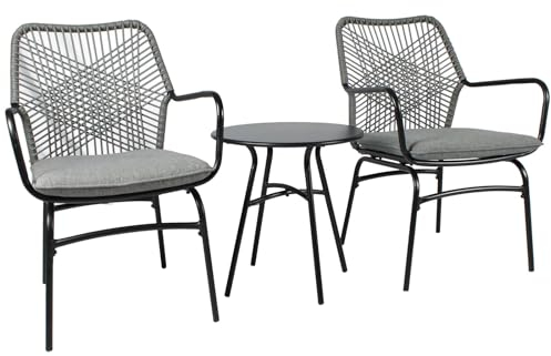 RANSENERS 3-Teilig Balkonset Bistroset mit Abnehmbares Sitzpolster - Mit 2 Stühlen und Couchtisch - Robuster Vollmetallrahmen mit Polyrattan Rückenlehne (Grau)