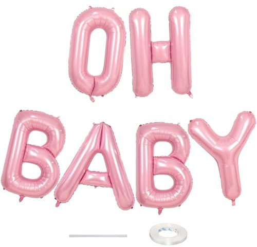 40 Inch Pastel Pink OH BABY Balloon for Baby Shower, Large Light Pink OH BABY Balloon Letters with Ribbon, Pearl Pink Alphabet Balloons Banner Sign for Girl Birthday Party Backdrop Decorations