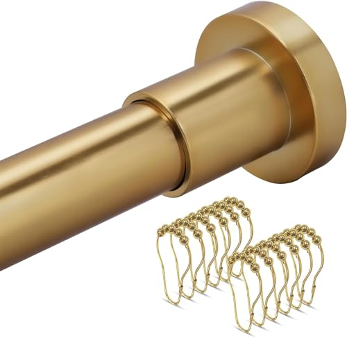 Gardinenstangen mit 12 Duschvorhangringen, verstellbare goldene Spannstange ohne Bohren, rostbeständig, rutschfest, geeignet für Schrank, Kleiderschrank, Edelstahl, Gold