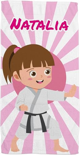 ZPUBLI+ Toallas de Playa o Ducha Personalizadas con Nombre o Frases. Toallas Infantiles, Regalo Infantil Original para baño, Piscina, Playa, Camping. Varias Medidas. (Karate niña, 80x160)