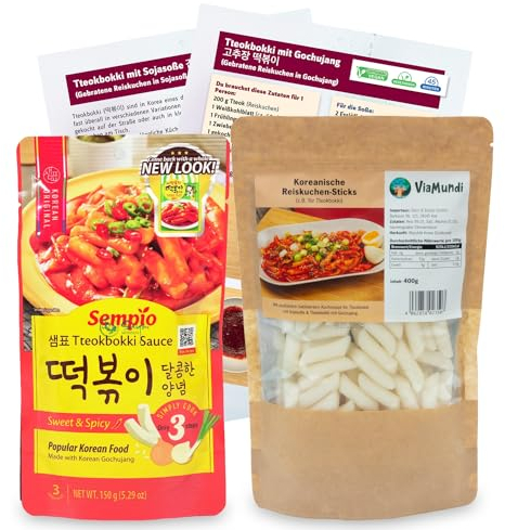 Koreanische Reiskuchen & Milde Tteokbokki Soße Set - Inkl. Broschüre mit Kochrezepten und Videoanleitungen für Reisnudel-Gerichte aus Korea - 400g Reis-Sticks & 150g Süße Sauce