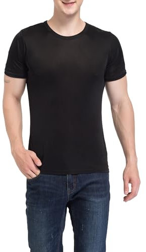 MOONSIYU Mens Soft Silk T-Shirts Short Sleeve Pure Silk Dress Tee Shirts Breathable V-Neck Undershirt Top(Black,XS)