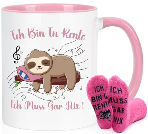 Joymaking Kaffee Tassen Ruhestand Geschenk für Frauen - Ich Bin in Rente Ich Muss Gar Nix - Renteneintritt Mit Socke für Kollegin, Chefin, Freunden - 320ml Rosa