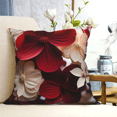 VducK Federa per cuscino rustica con petali rossi e bianchi, per soggiorno, 45,7 x 45,7 cm, morbida, quadrata, per divano, letto, casa colonica, decorazione per la casa