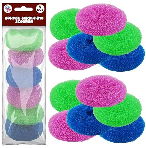 12Pcs Polypropylene Kitchen Scourers – Non Scratch Multi-Colour Dish Scrubbers for Non Stick Cookware Reusable Mesh Cleaning Pads for Pots Pans Tough Stain Removal 9cm