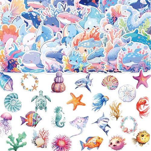 Doyomtoy Meerestiere Aufkleber,100 Stück Tier-Aufkleber Ozean Aufkleber für Kinder Geburtstagsparty Ideal für Kinder Aufkleber Scrapbooking,Skateboards,Wasserflaschen,Gitarren Laptops und Mehr