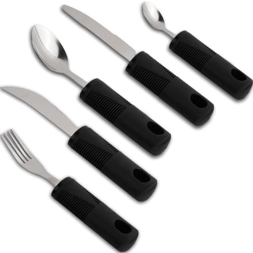 Amexo 5 Teiliges Adaptive Utensilien, Easy Grip Besteck Set Behinderten Esshilfen Besteck Rutschfeste Griffe, Besteck für Behinderte Menschen Parkinson Patienten Ältere Arthritis (Schwarz)