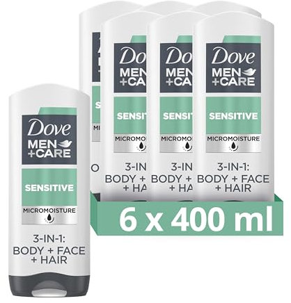 Dove Men+Care Sensitive 3-in-1 Hair, Face and Body Wash Body Cleanser shower gel with 24 hour nourishing MicroMoisture technology for healthier, smoother-feeling skin 400 ml