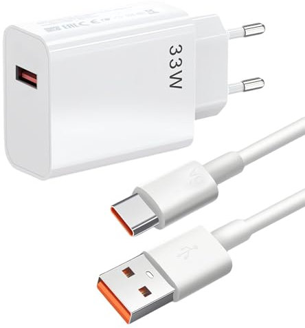 33W Cargador Rapido para Xiaomi con Cable USB Tipo C de 2M, Cargador de Pared de Carga Rápida Compatible con Xiaomi Redmi 14, 13, 12, 12t, 12s, 11, 11s, Pro, Plus, Nota K60, K50, Poco X6, F5, X5