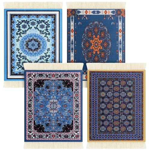 4 Pieces Rug Table Coasters Table Drink Holders Oriental Design Fabric Carpet Drink Mats Oriental Design Fabric Elegant Carpets Kitchen and Bar Mats for Home Office (Square,Novelty Pattern)