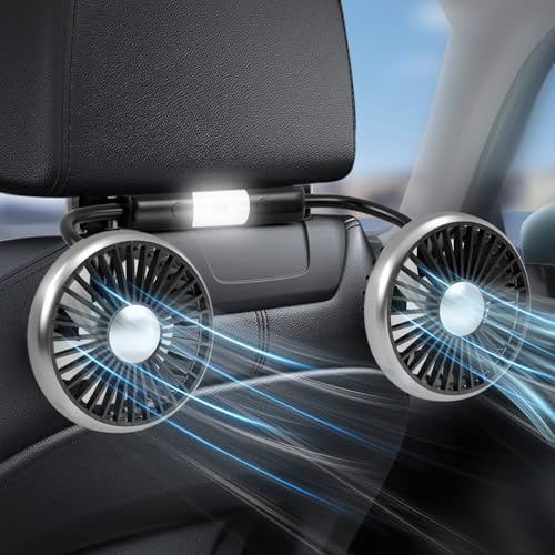 Dealswin Car Fan for Backseat Kids, 2025 Upgraded Dual-Head Car Seat Fan with LED Lights, 3-Speed and 360° Rotatable Durable Car Cooling Fan, USB Powered for SUV, RV, Truck, Vehicles