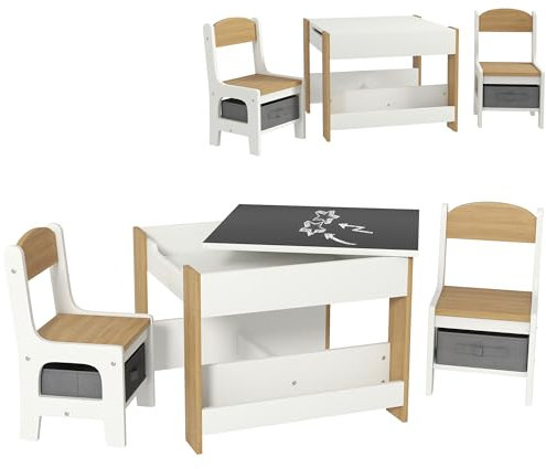 HOMCOM Juego de Mesa y 2 Sillas Infantiles Mesa con Sillas para Niños 3 en 1 con Pizarra Cajones de Tela y Espacio de Almacenamiento para Guardería Sala de Juegos Blanco y Natural