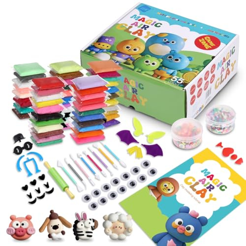 NK Luftgetrocknetes Polymerton-Set, 55 Farben, mit illustriertem Handbuch mit Designs, schnell trocknend und sicher, mit Zubehör, Formen und Spielen, weich, kreativ, zum Basteln, für Kinder von 3 bis