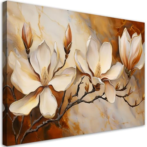 Feeby Leinwandbild - Bilder Wohnzimmer - Magnolien Glamour Zweig Marmoriert - 60x40 1tlg - Deko Schlafzimmer - Wanddekoration - Aesthetic - Groß Moderne Bild - Foto auf Leinwand