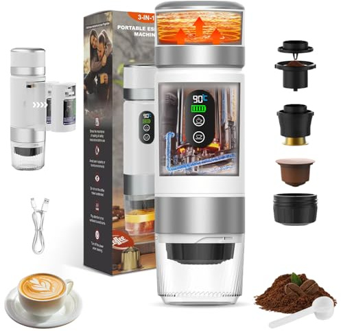 Vtizikl Portable Coffee Machine, 3-in-1 Travel Espresso Machine, Compatible with Small & Large Capsules, Ground Coffee, Self-Heating, USB-C, Ideal for Camping, Office & Home (White)