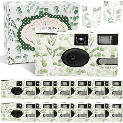 12 Pack Disposable Cameras for Wedding Bulk, Watercolor Eucalyptus Single-Use One Time Film Cameras with Flash for Bithday Baby Shower Gathering Wedding 35mm lSO 400 Color Film 17 Exposures