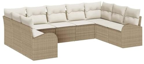 vidaXL 9-teiliges Gartensofa-Set mit Kissen, wetterfest, beiges Poly-Rattan. Perfekt für Balkon oder Terrasse. Bequemes Lounge-Möbel für den Garten oder Rasen.