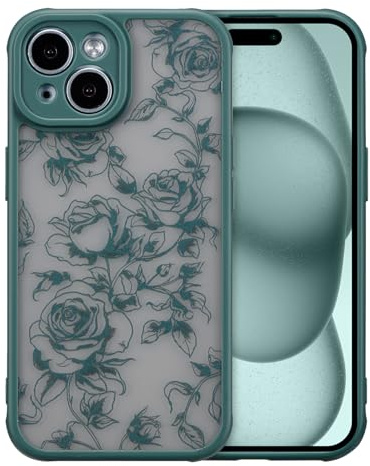 XIZYO Transluzent Matt Hülle für iPhone 15, Zweig Rose/Grün | Niedlich Rose Blume Muster, Ästhetisch Floral Gestaltung, Stoßfest Anti-Gelb, Weiche TPU, Schlanke Dünne, Luxus Mädchen Stil