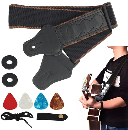 Schwarz Gitarrengurt, Verstellbarer Gitarrengurt Set in Schwarz, Baumwolle Mit PU Kunstleder, Inklusive 4 Gitarrenplektren, 2 Gurtschlössern Und 1 Kopfplattenadapter, Geeignet Für Akustikgitarren