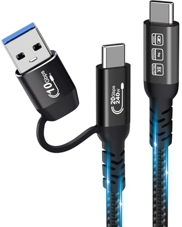 Cable USB C, USB 3.2 Gen 2X2 20Gbps, multifunción 2 en 1 USB A to Type C 8K@60Hz UHD Video 5A/240W PD3.1 Carga rápida Cord Compatible con Thunderbolt 3/4 MacBook Pro Samsung (100, centímetros)