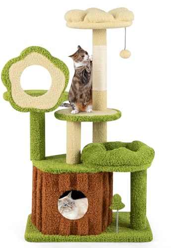 GOPLUS Árbol para Gatos de Varios Niveles con Torre en Forma de Tronco | Centro de Actividades para Gatos, Percha en Forma de Flor, Cama de Siesta, Plataformas, Poste para Rascar y Pompón