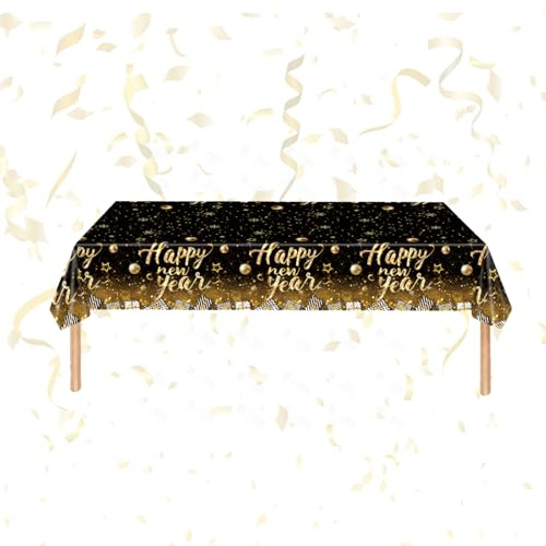 1Stück Tischdecke Silvester Deko 2027,137 * 274cm Happy New Year | Schwarz Gold Silvester Tischdecke aus Kunststoff Tischdeko Tischdecken für 2027 Neujahr Silvesterdeko Party Tisch Dekoration