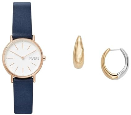 Skagen Damen Signatur Lille Blaue Lederuhr und Linje Modern Zweifarbige Edelstahl Ohrringe, Set